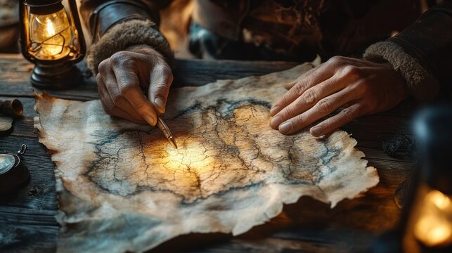 Two rugged hands tracing routes on an aged parchment map with a pen under lantern light on a wooden table, warm glow conveying focused adventurous anticipation