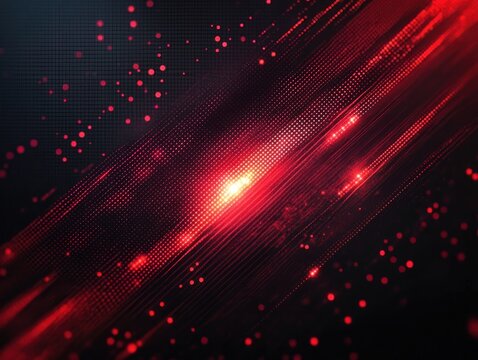 Intense diagonal red energy streaks with glowing central core and scattered particle dots on a dark digital background, dynamic and futuristic