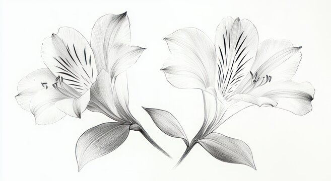 Delicate monochrome botanical drawing of two blooming lilies with leaves and stems, graceful and serene floral study