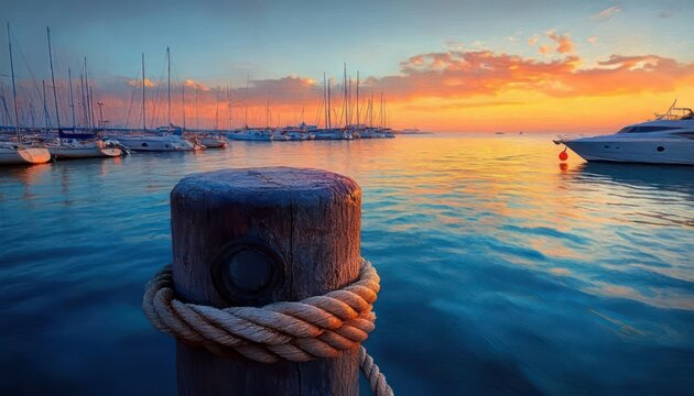 wooden dock post wrapped with rope in foreground, moored sailboats and a yacht on calm water under a vivid orange and blue sunset, serene tranquil harbor scene