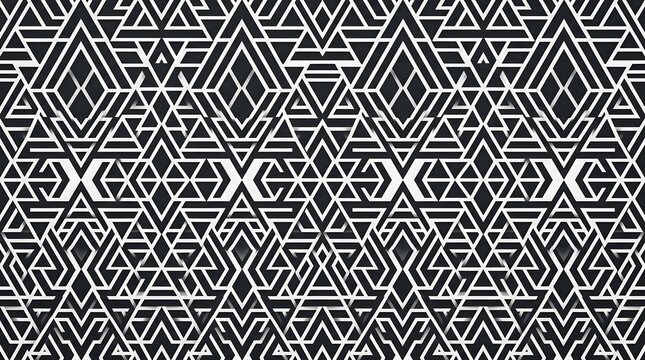 Black and white abstract geometric pattern with intricate tribal shapes and complex ethnic triangular motifs for modern graphic design backgrounds