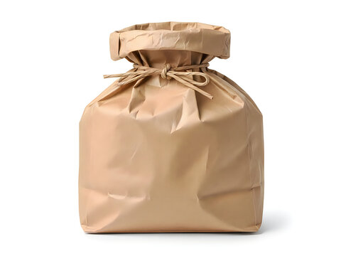 Brown paper bag tied with twine on neutral background