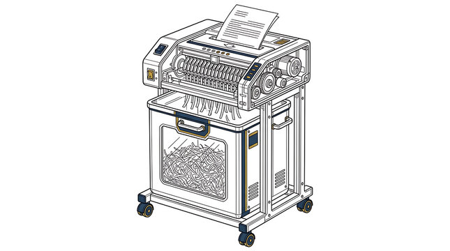 Isometric illustration of a modern office paper shredder machine with shredded documents in the bin.