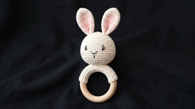 Handmade Crochet Rabbit Toy Rattle on Dark Background