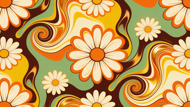 A retro trippy seamless pattern of oversized daisies, wavy melted outlines, and funky psychedelic swirls in bright orange, avocado green, chocolate brown, and golden yellow on a cream canvas