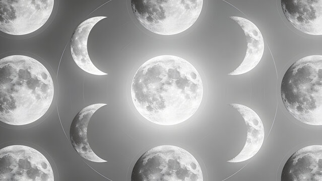 Celestial moon phase wallpaper pattern in soft silver tones, seamless repeat