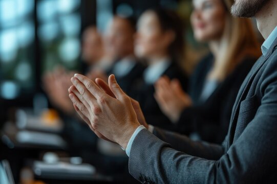 Close-up of hands clapping in a row of suited attendees at a corporate conference, showing appreciation and engaged applause
