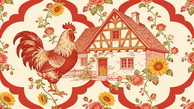 seamless rooster and farmhouse wallpaper pattern in red and cream tones