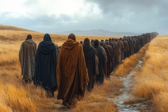 long line of hooded travelers walking across windswept golden grassland on a cloudy day, somber procession and quiet determination