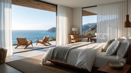 Naklejka na ściany i meble Modern bedroom with king size bed and ocean view. Sunlight fills room with natural light. Balcony overlooks sea and hills. Furniture includes desk chair and lounge chairs.