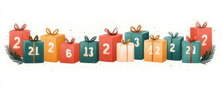 colorful row of numbered wrapped gift boxes with ribbons, bows and pine sprigs, festive playful holiday countdown display