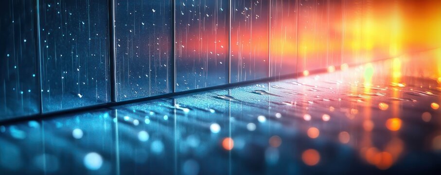Rain-speckled glass and wet tiled floor reflecting blue and orange city lights, moody reflective evening scene