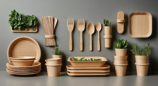 Neatly arranged wooden plates, bowls, trays, utensils and small potted herbs on gray background conveying a calm, minimal, eco-friendly aesthetic