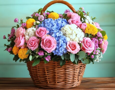 wicker basket overflowing with pink roses, blue and white hydrangeas, yellow pompom flowers and small purple and white fillers on a wooden table, cheerful and fresh