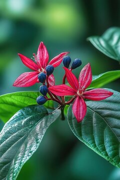 vibrant red star-shaped flowers with dark blue berry clusters on glossy green leaves, serene dewy close-up