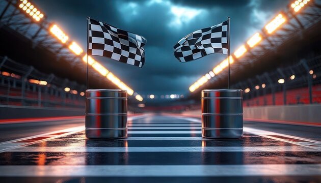 Two checkered flags mounted on barrels at the finish line of a wet racetrack under dramatic stormy sky with floodlights and empty grandstands, tense anticipatory mood