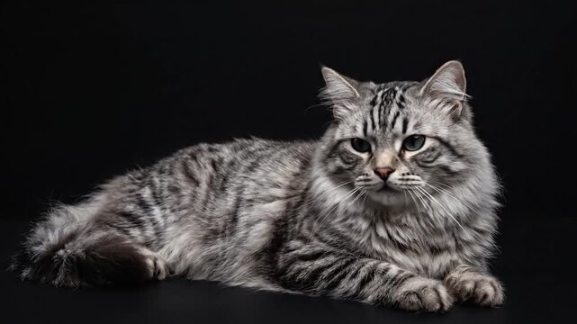 Beautiful fluffy silver tabby cat lying down against dark background looking up