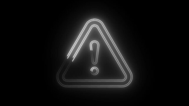 Glowing neon warning triangle icon isolated on black background. HD Video motion graphic animation