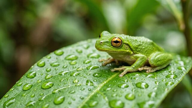 Small green tree frog resting on a wet dew covered leaf in rainforest