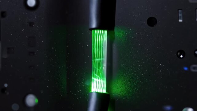 A glowing green circuit trace running vertically on a black background.