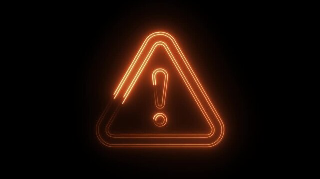 Glowing neon warning triangle icon isolated on black background. HD Video motion graphic animation