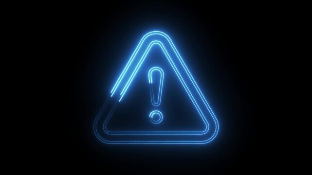 Glowing neon warning triangle icon isolated on black background. HD Video motion graphic animation