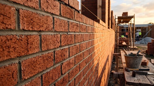 Red brick wall construction site, masonry work on residential building, industrial bricklayer tools and scaffolding at sunset