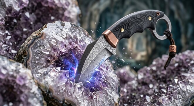 Epic Fantasy Damascus Steel Karambit Knife Striking an Amethyst Geode with Magical Glowing Energy