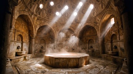 Fototapeta premium Ancient Turkish hammam interior with stone dome, traditional marble steam room with sunbeams, atmospheric oriental spa bathhouse