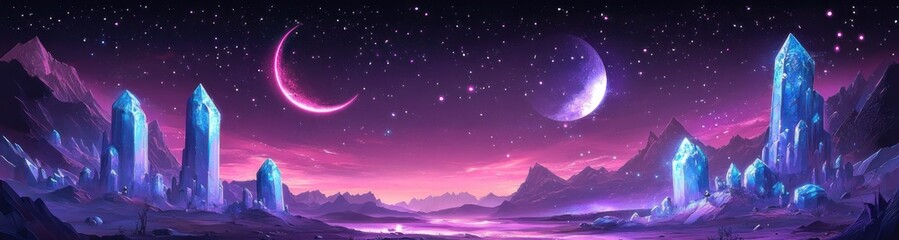 Fototapeta premium Two moons over a glowing crystalline alien valley with towering blue crystal spires, a reflective purple and pink lake, distant jagged mountains and tiny silhouetted figures, serene wonder