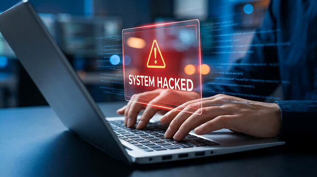 Person using a laptop with a digital system hacked warning sign, representing cybersecurity threats, data breach, cybercrime, computer virus and information security.