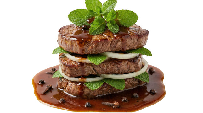 Stack of grilled beef steaks with onion rings, fresh mint leaves, and brown sauce isolated on transparent background