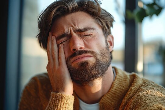 contemplative bearded man in a mustard knit sweater resting his head on his hand by a window with soft natural light and a blurred indoor plant