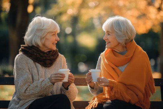 Two older women sitting on a park bench in autumn, wrapped in cozy scarves and sweaters, holding hot drinks and sharing a warm, relaxed conversation amid golden foliage