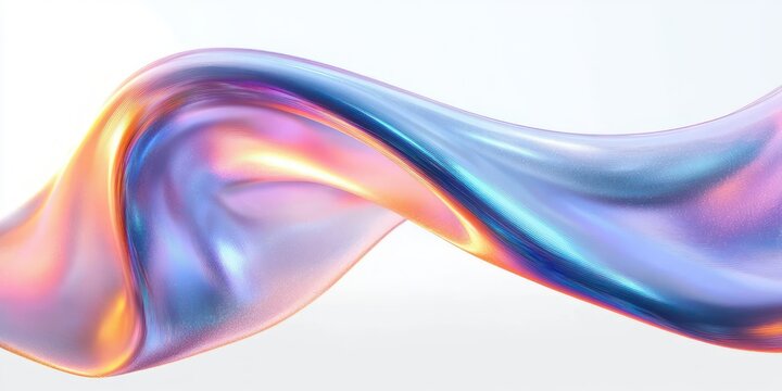 Iridescent flowing metallic ribbon wave over white background, glossy and fluid, conveying elegant motion and serene energy