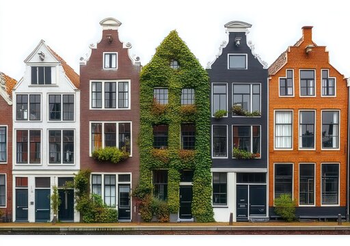 charming row of narrow gabled canal houses with colorful brick facades, large windows, window boxes and an ivy-covered frontage by a calm canal