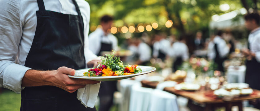 A waiter stands in the center holding a plate of salad with herbs and vegetables while other waiters serve guests at an outdoor event with decorated tables