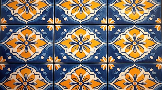 vibrant blue and yellow ceramic tiles with repeating floral geometric pattern, ornate and warm