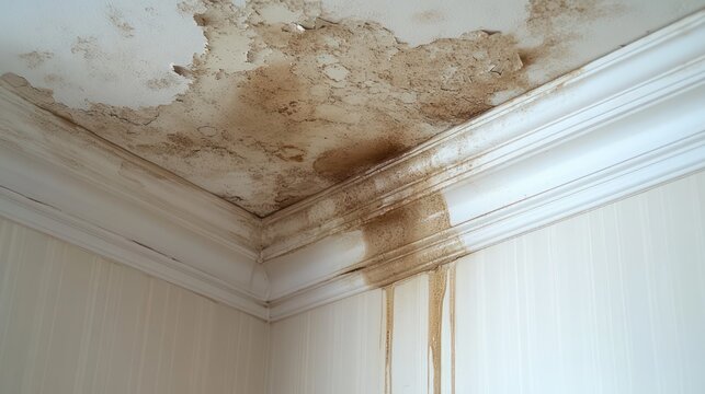 Water-stained ceiling corner with brown drip marks, peeling paint and mold near white crown molding over striped wallpaper, conveying damp damage and neglect