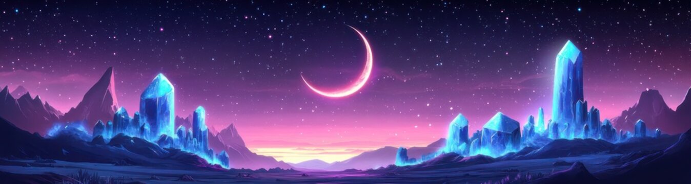 serene otherworldly valley with glowing blue crystal spires under a crescent moon and starlit purple-pink twilight sky