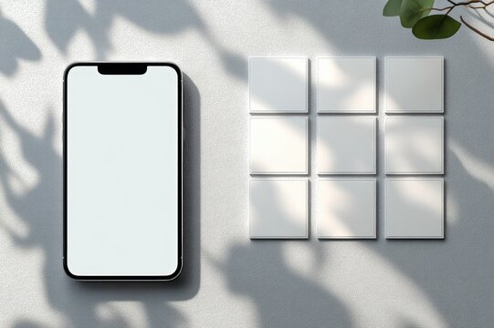Minimalist workspace with smartphone and blank screen, nine white square tiles in a 3x3 grid, leafy shadows and a small plant casting calming natural light on a textured tabletop