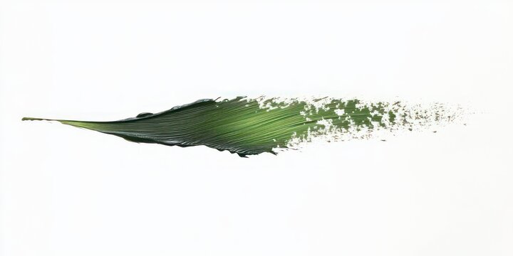 Long green leaf with water droplets dissolving into scattered particles on a clean white background, minimalist botanical still life conveying calm and freshness