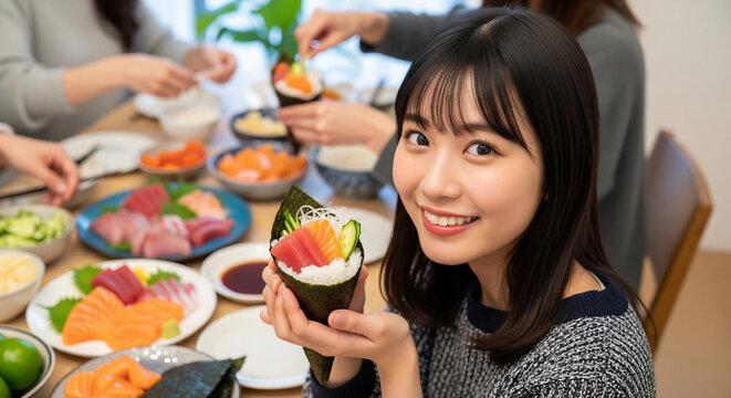 手巻き寿司パーティーを楽しむ女性
