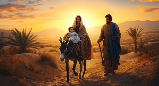 young family crossing a desert at golden sunset, mother cradling an infant on a donkey while father walks beside, serene hopeful atmosphere