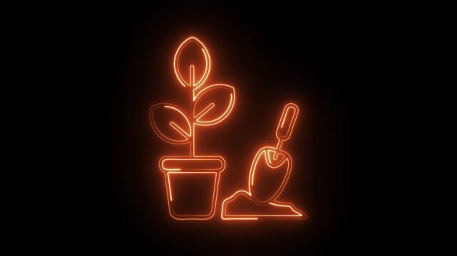 Glowing neon gardening icon isolated on black background. HD Video motion graphic animation