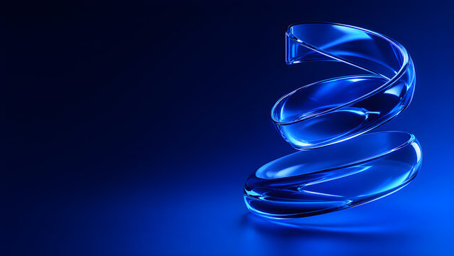 Abstract 3D glossy blue glass spiraling ribbon coil on a dark background with copy space