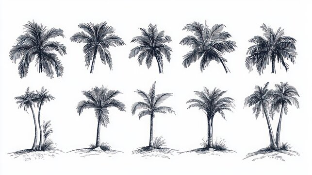 Twelve hand-drawn ink palm tree sketches arranged in two rows on a white background, serene breezy tropical illustrations with varied trunks and detailed fronds
