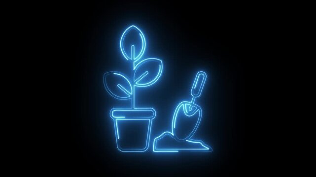 Glowing neon gardening icon isolated on black background. HD Video motion graphic animation