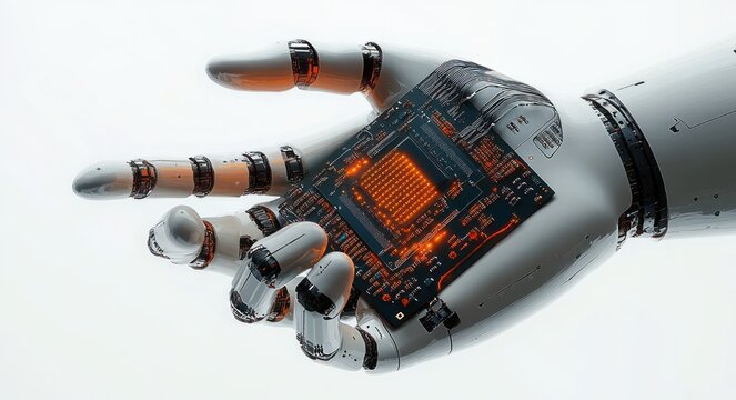 futuristic robotic hand with palm-integrated glowing circuit board and sleek white metallic fingers conveying precise high-tech innovation and sterile awe