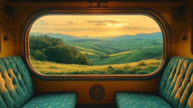 sunset over rolling green hills seen through a train window with twin teal seats, a serene and peaceful journey framed by warm golden light
